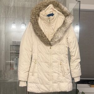 Betsey Johnson Cream Puffer Coat with Faux Fur Trim